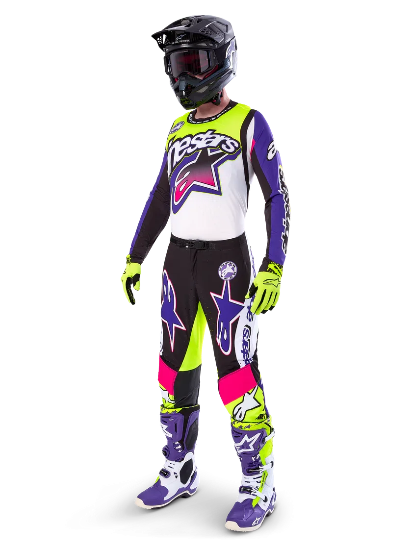 Conjunto Alpinestars Supertech SX Dirt Studios Branco/Roxo/Amarelo